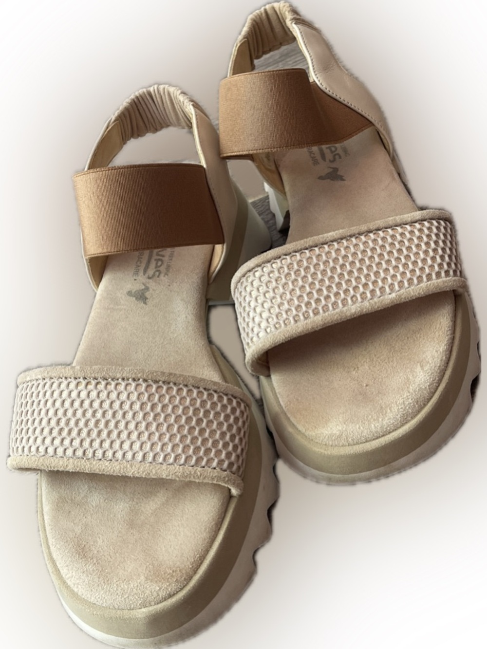 Beige Leather Platform Sandal with Brown Elastic Ankle Strap